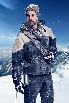 Buy stock photo Portrait of a mountaineer with all his necessary climbing gear in a wild landscape
