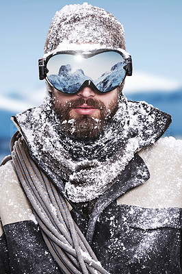 Buy stock photo Portrait of a mountaineer with a reflection of snowy mountain peaks in his snow visor