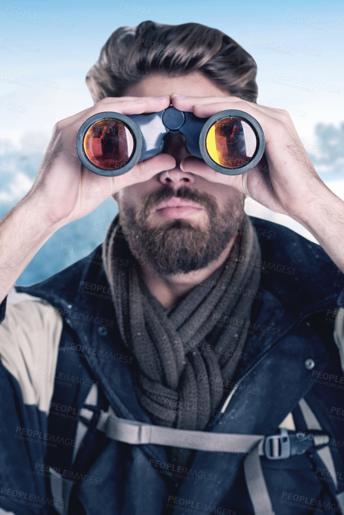 Buy stock photo Man, hiking and binoculars in outdoor snow, search and travel in winter for sightseeing in woods. Male person, watch and trekking journey in forest for challenge, adventure and gear for discovery