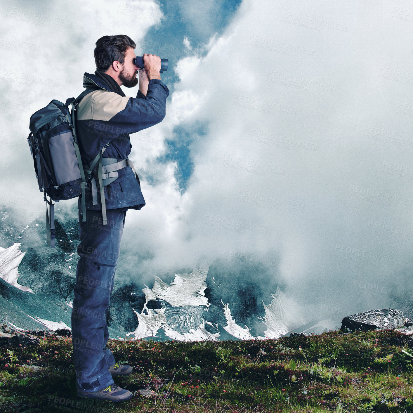 Buy stock photo Man, hiking and binoculars in outdoor mountain, search and travel in winter for sightseeing on path. Male person, watch and trekking journey on holiday for challenge, adventure and gear for discovery