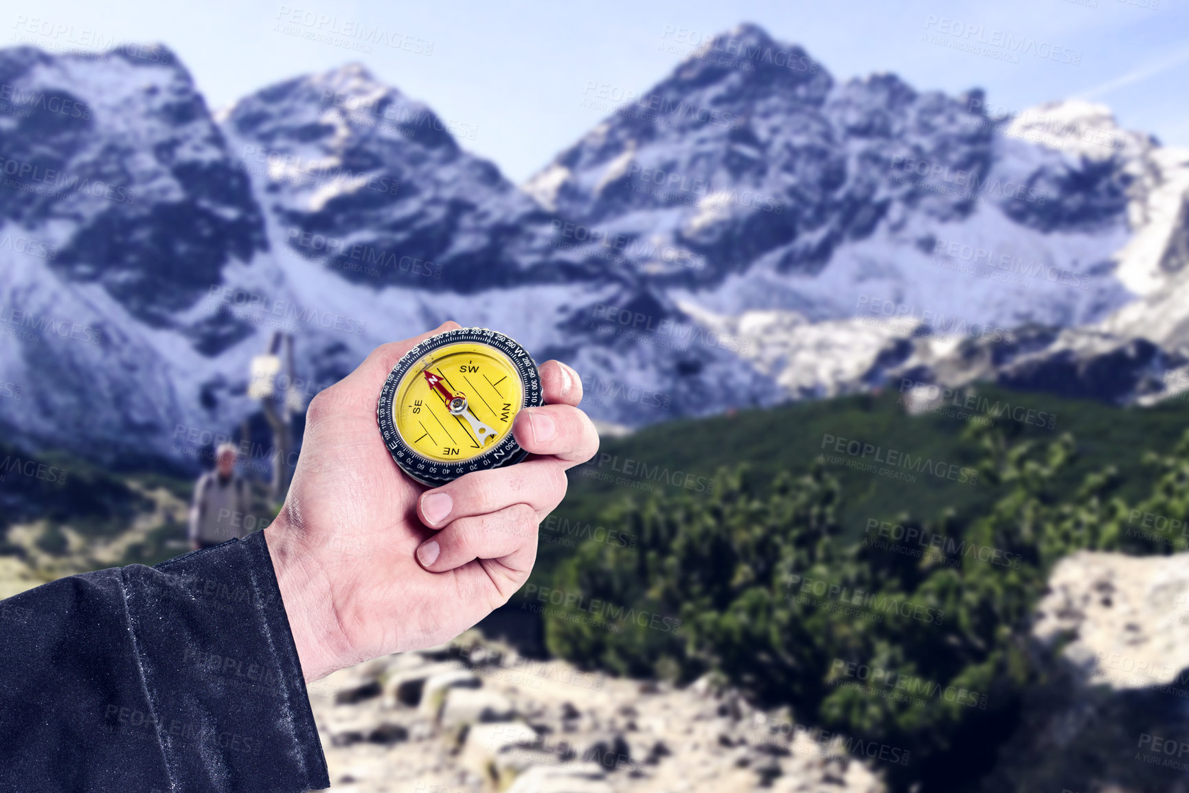 Buy stock photo Hand, compass and lost on hike for direction, north and climbing with friend for support. Hiking gear, guidance and navigation on mountain range for activity, challenge and adventure in nature