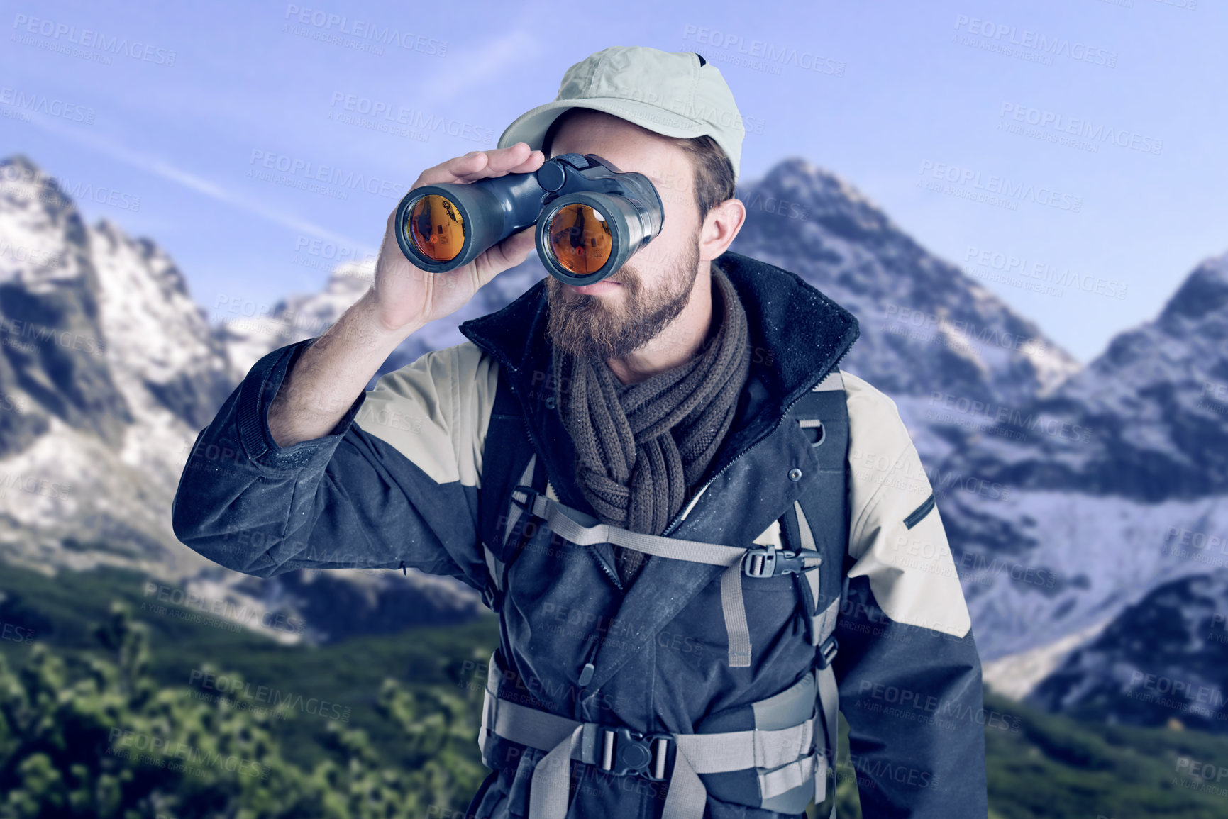 Buy stock photo Man, hiking and binoculars on mountain snow, search and travel in winter for sightseeing in nature. Male person, watch and trekking journey in outdoor for challenge, adventure and gear for discovery
