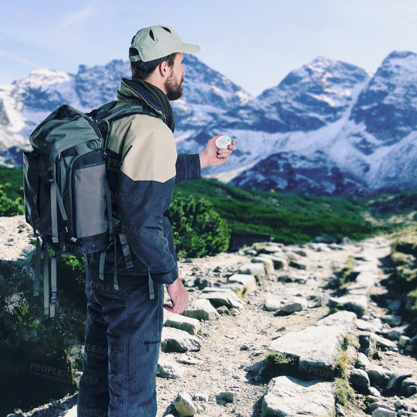 Buy stock photo Man, hiking and compass on mountain to guide, outdoor nature and trekking challenge or adventure. Male person, explore and equipment for navigation or route direction, exercise and lost on journey