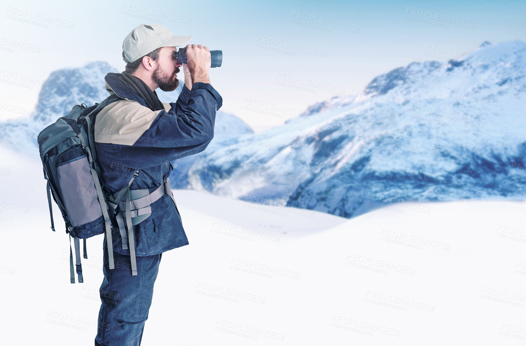 Buy stock photo Man, search and binoculars in mountain snow, outdoor and travel in winter for sightseeing in ice. Male person, watch and trekking journey in nature for challenge, adventure and gear for discovery