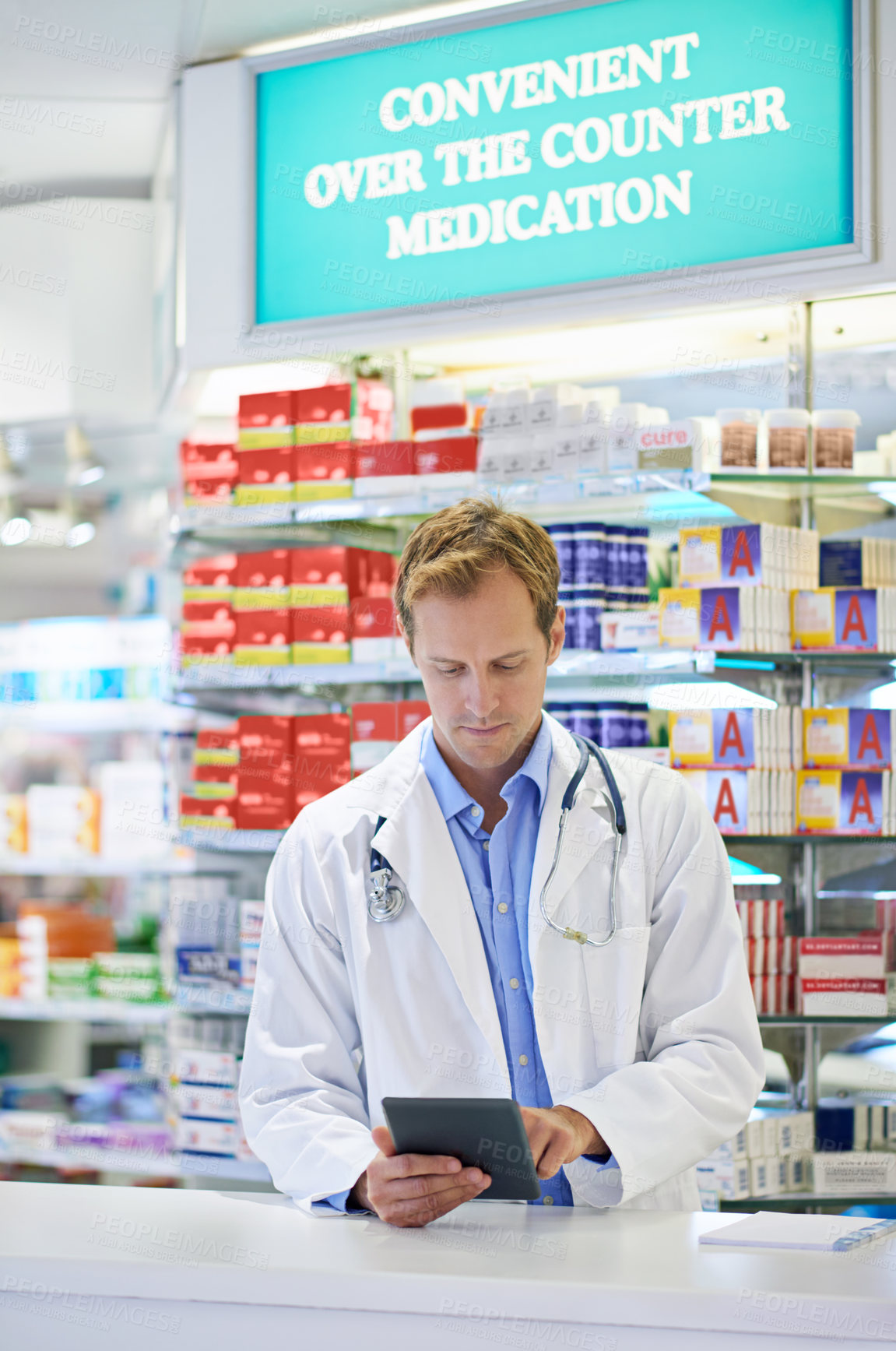 Buy stock photo Pharmacist, tablet and inventory for stock, checking and medicine in drugstore, chemist or services. Male person, doctor and pharmaceuticals in store for prescription, pills for information or advice