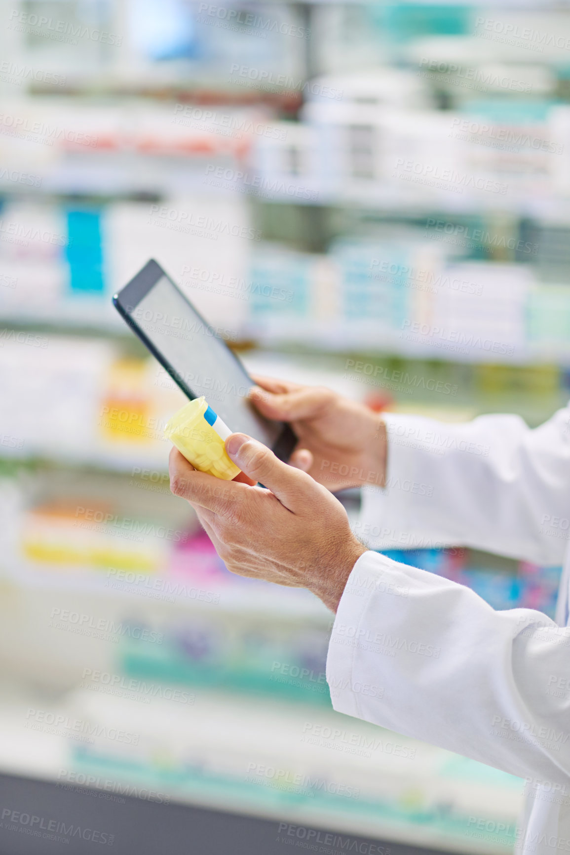 Buy stock photo Pharmacist, tablet and pills in stock, person for medicine in drugstore, chemist or services. Medical professional, doctor and pharma in clinic for prescription, inventory for information or advice