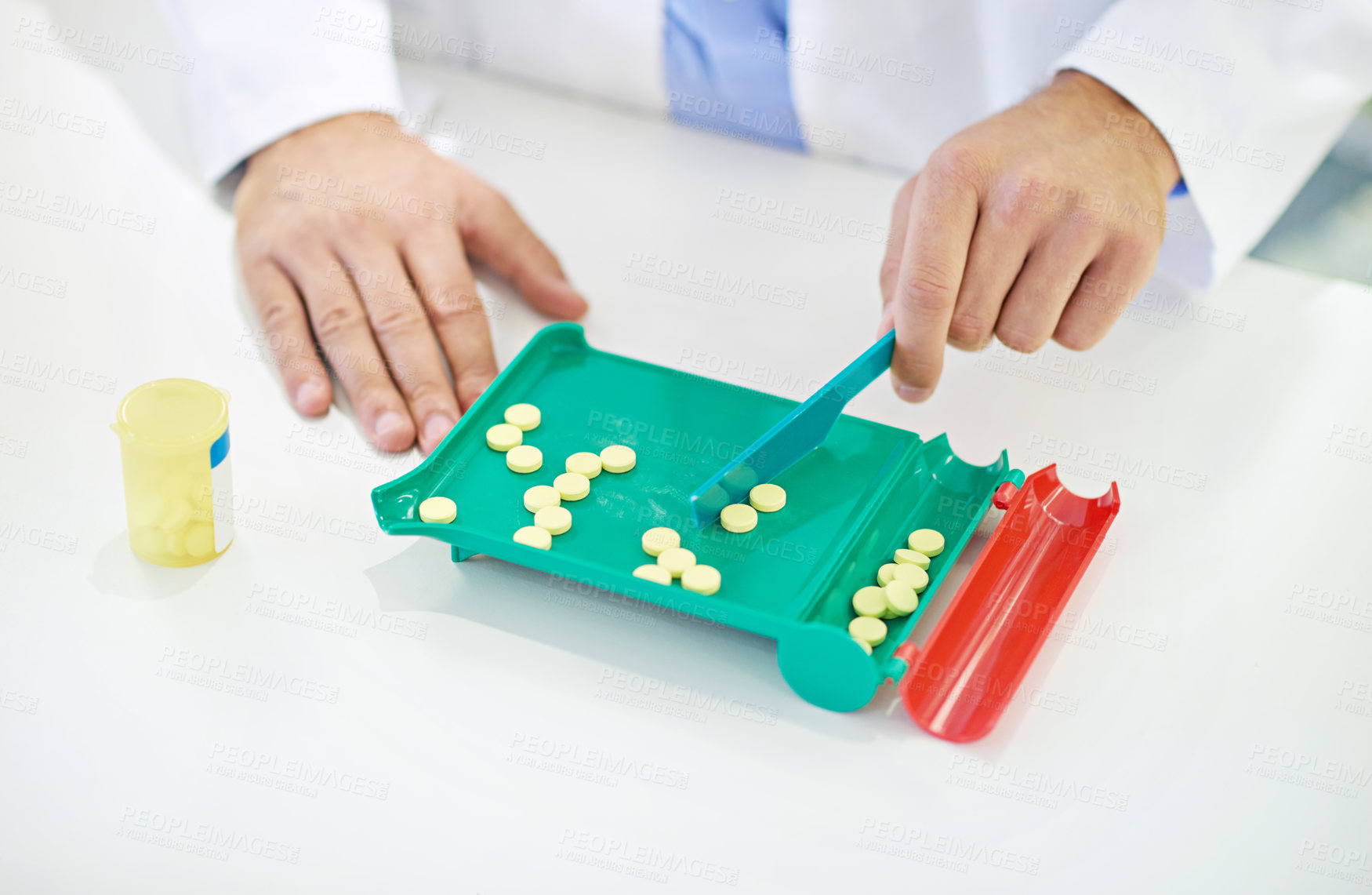 Buy stock photo Hands, pharmacist and counting pills with container, inspection and prescription for healthcare. Person, drugs and medicine with plastic bottle, pharmaceutical product and supplements for wellness