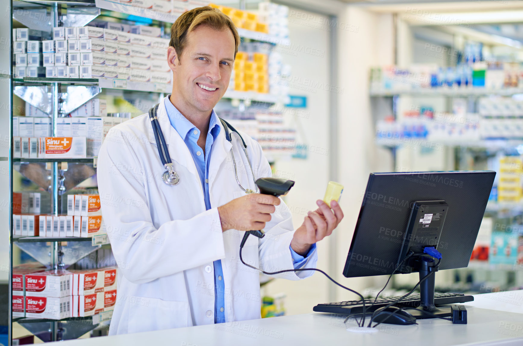 Buy stock photo Portrait, checkout and pharmacist for pills, drugstore or medicine in dispensary for inventory or healthcare. Man, doctor and pharma at chemist, prescription for information in  advice or wellness