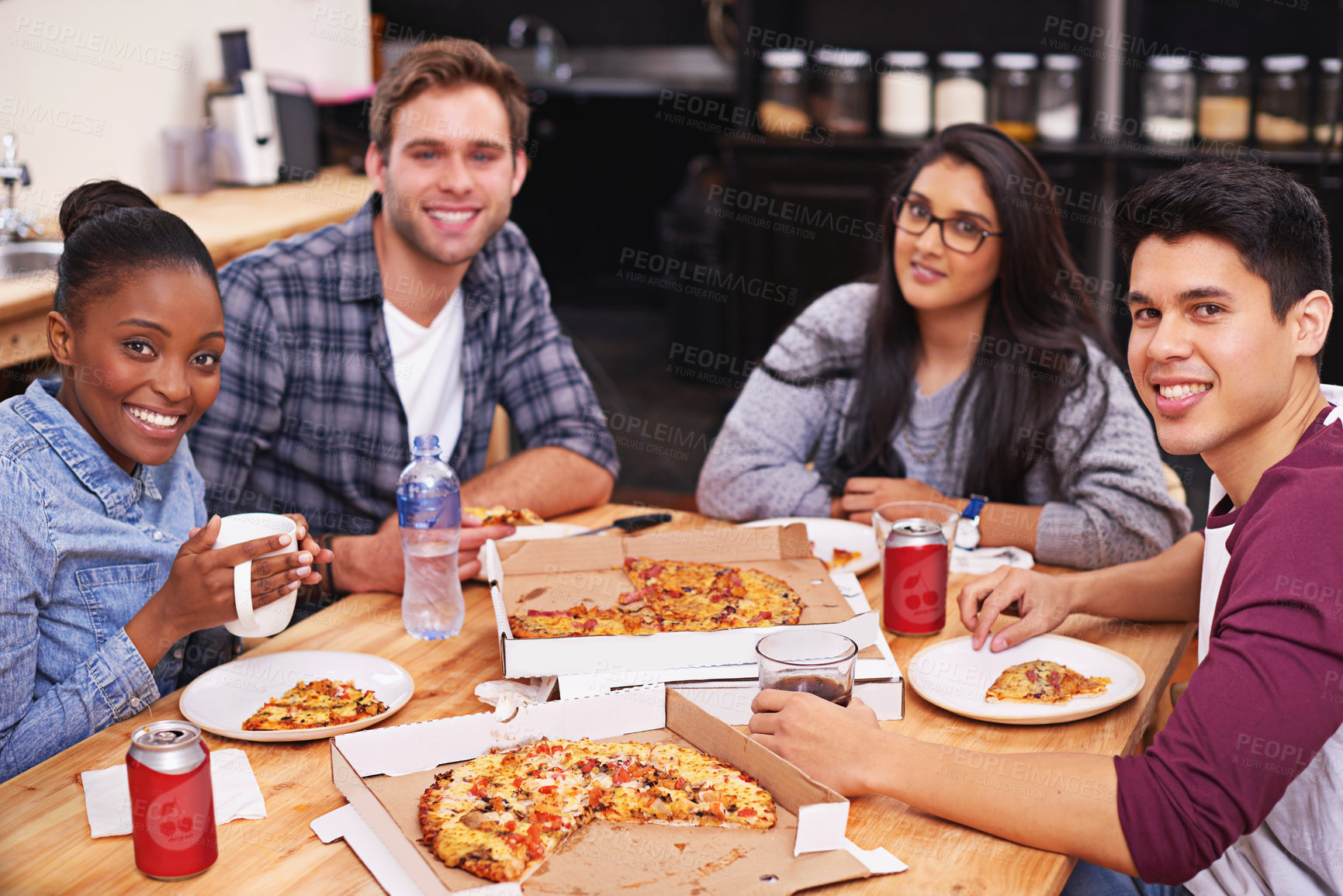 Buy stock photo Portrait, group and friends with pizza on table, smile and fast food to enjoy, eating and bonding. Students, dinner and people in cafeteria of restaurant, men and women in college, hungry and happy