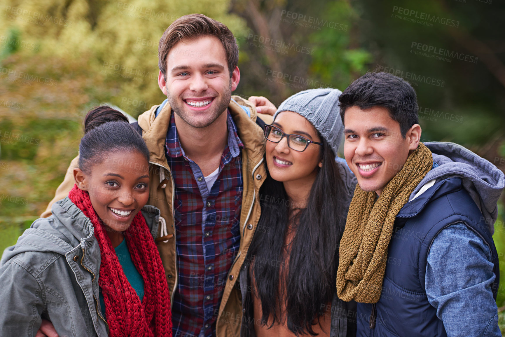 Buy stock photo Park, portrait and students with smile on campus, college and university with backpack outdoor. Nature, academic area and friends with happiness, bonding and hangout in Canada after education class