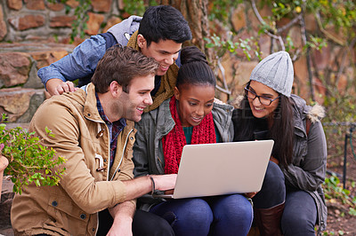 Buy stock photo College, students and talking with laptop on campus for communication, learning or knowledge. Education, diversity and friends on stairs with technology for assignment, study group or search internet