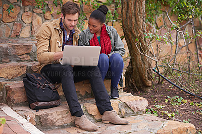 Buy stock photo University, laptop and friends on campus steps for learning, research or planning exam study notes. Education, college and gen z students with computer, search or sign up for elearning virtual tutor