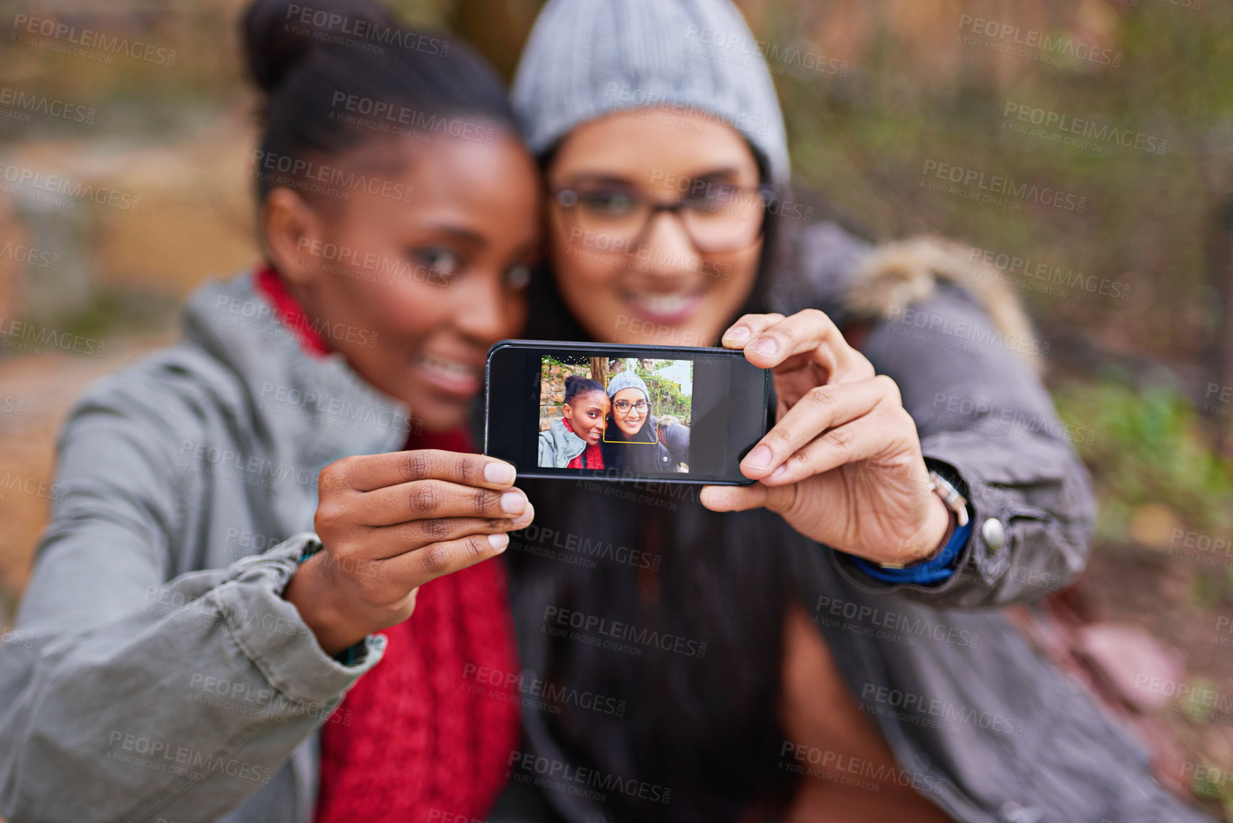 Buy stock photo Park, selfie and students with smile on campus, college and university for memory outdoor. POV, academic area and friends with happiness, bonding and photography in Canada after education class