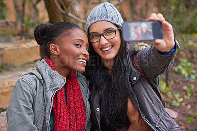 Buy stock photo Nature, selfie and students with smile on campus, college and university for memory outdoor. People, academic park and friends with happiness, bonding and photography in Canada after education class