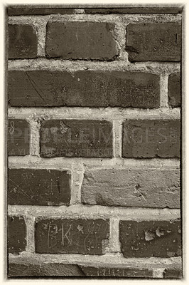 Buy stock photo Brick wall, structure and closeup of cement for texture, concrete pattern and masonry in architecture. Stone, background and rough design with building for exterior,  material or vintage wallpaper