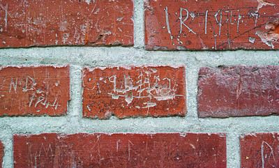 Buy stock photo Brick wall, signature and city concrete at building for street art graffiti with writing, infrastructure or texture. Outdoor, exterior and downtown or urban structure in Denmark, stone or background