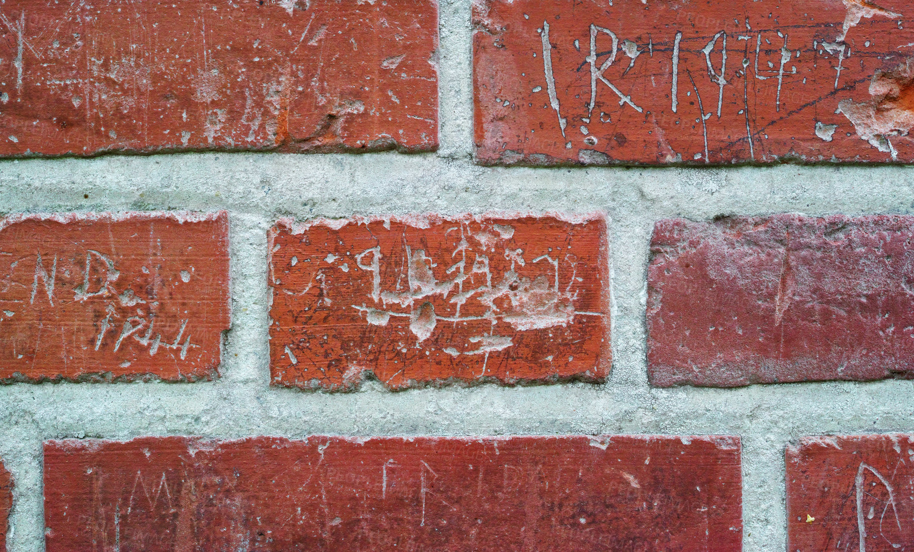 Buy stock photo Brick wall, signature and city concrete at building for street art graffiti with writing, infrastructure or texture. Outdoor, exterior and downtown or urban structure in Denmark, stone or background