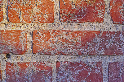 Buy stock photo Red, brick wall and wallpaper with cement or concrete for strength to hold, building and construction. Background, backdrop and strong block for fence or solidarity, unity and boundaries to separate.