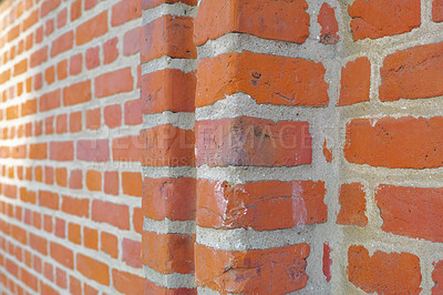 Buy stock photo Zoom, red and brick wall for concrete building or structural material for architecture, texture and surface. Stone, masonry and clay or cement to hold or plaster together for construction and design.