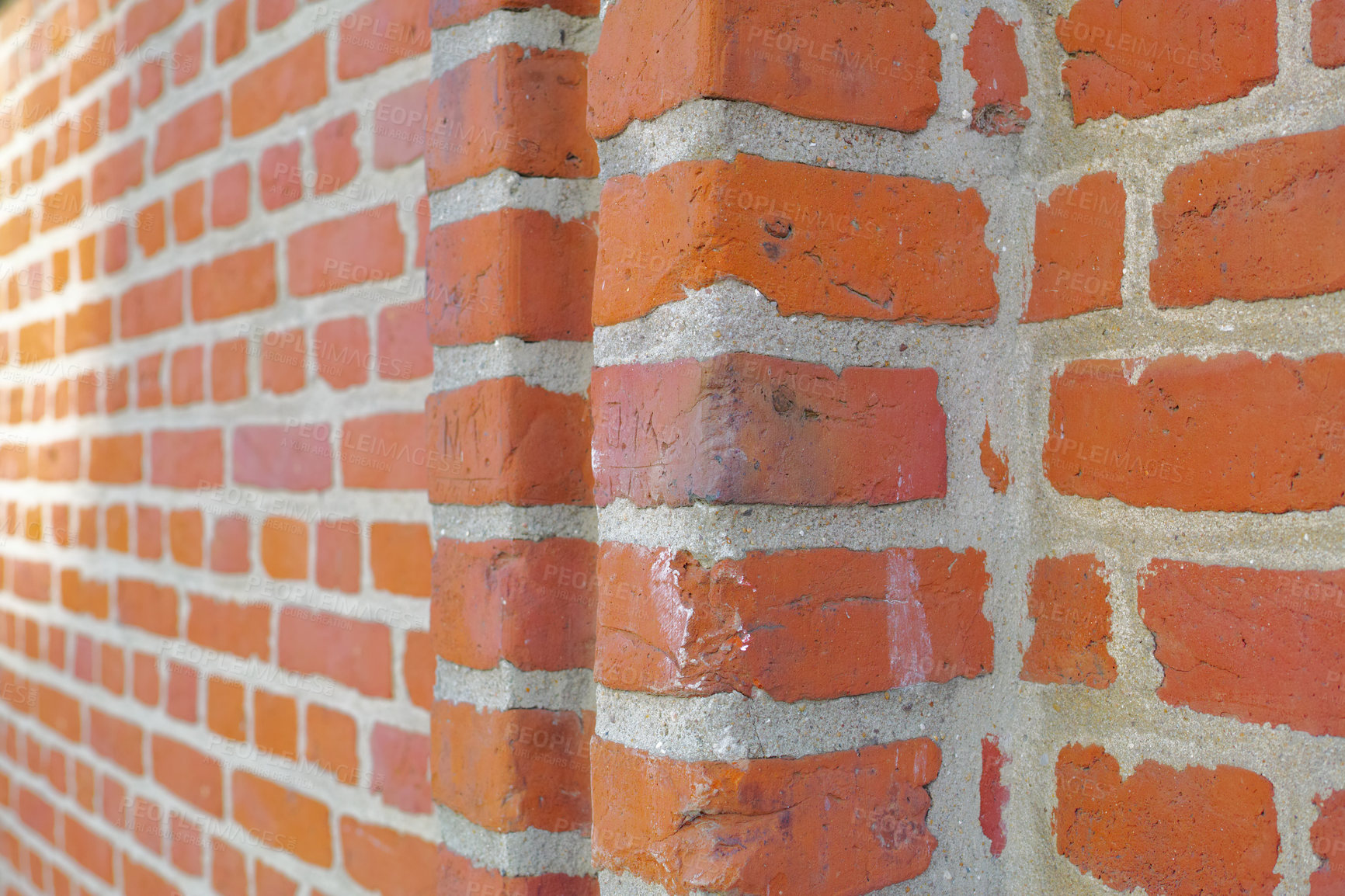 Buy stock photo Zoom, red and brick wall for concrete building or structural material for architecture, texture and surface. Stone, masonry and clay or cement to hold or plaster together for construction and design.