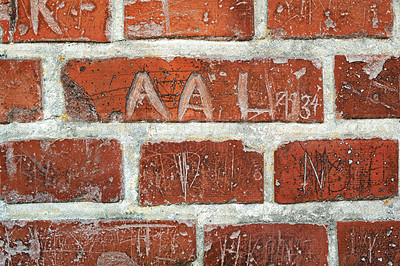 Buy stock photo Zoom, red and old brick wall for building or concrete material for architecture, texture and surface. Stone, masonry and clay or cement to hold or plaster together for construction and design.