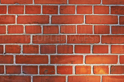 Buy stock photo Red, brick and wall background with rough pattern, concrete texture and masonry in architecture. Cracked, detail and wallpaper space with building for rustic material, cement design and vintage stone