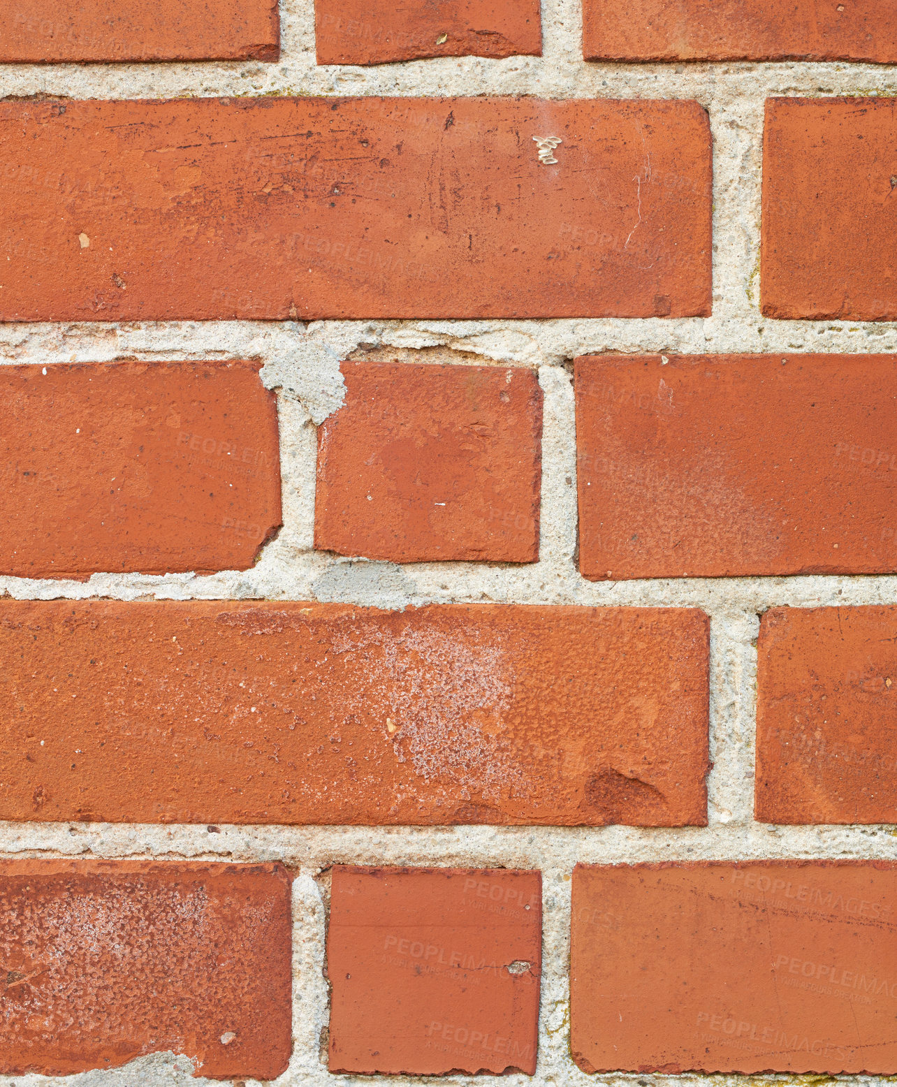 Buy stock photo Orange, brick and wall texture with rough pattern, concrete background and masonry in architecture. Cracked, detail and building wallpaper with space for material, cement and construction design