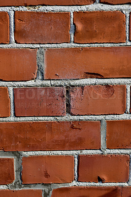 Buy stock photo Brick wall, orange and closeup of cement for texture, concrete masonry and pattern in construction. Wallpaper, background and rough design with space for exterior, material and building structure