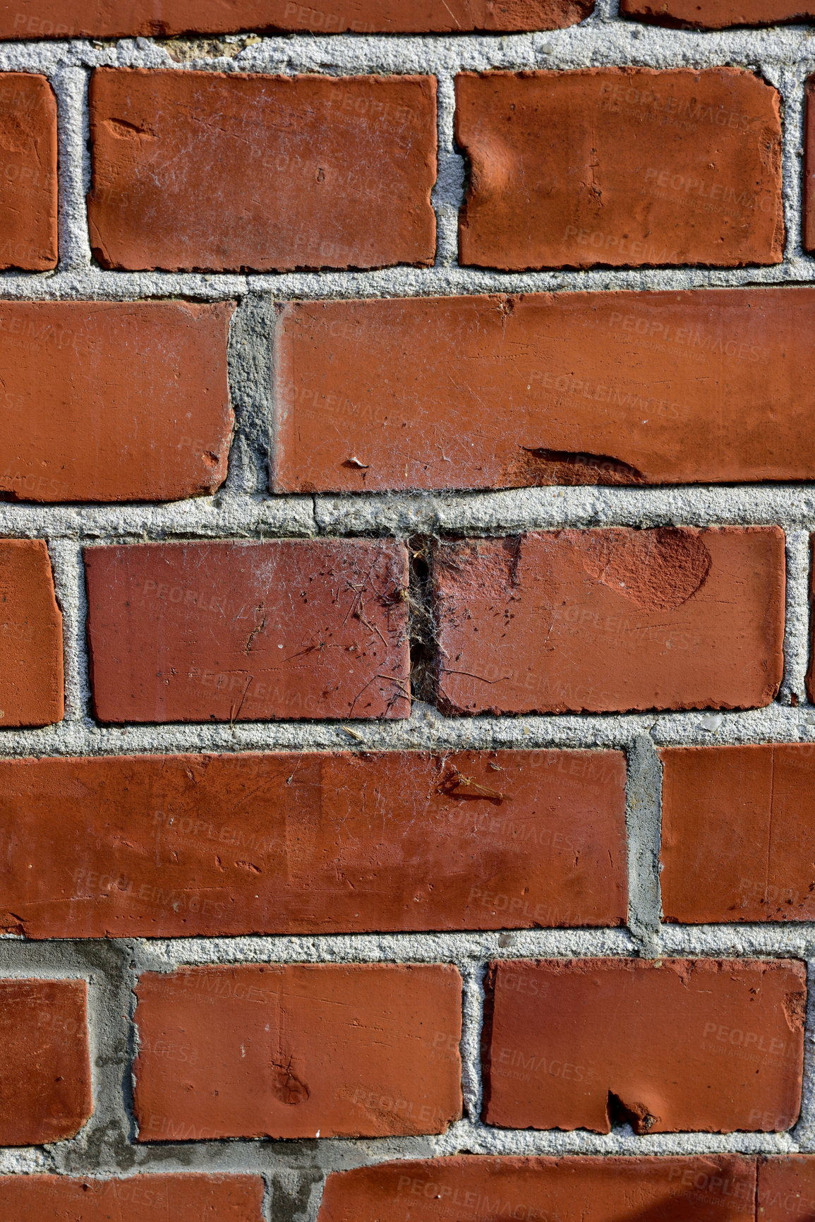 Buy stock photo Brick wall, orange and closeup of cement for texture, concrete masonry and pattern in construction. Wallpaper, background and rough design with space for exterior, material and building structure