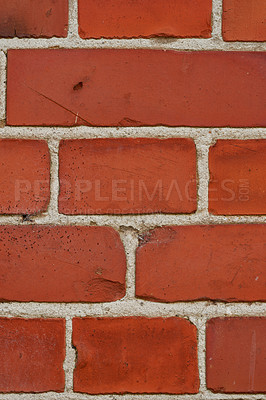 Buy stock photo Brick wall, red and closeup of wall texture for construction, concrete pattern and masonry structure. Background, space and rough design for building with material, cement and rustic wallpaper