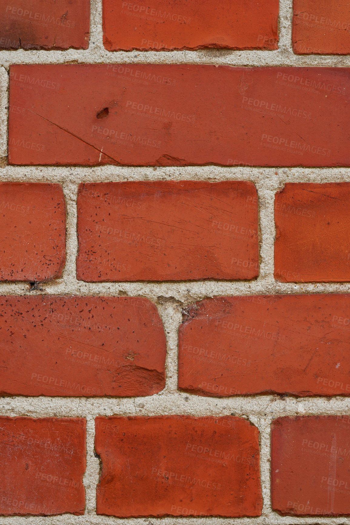 Buy stock photo Brick wall, red and closeup of wall texture for construction, concrete pattern and masonry structure. Background, space and rough design for building with material, cement and rustic wallpaper