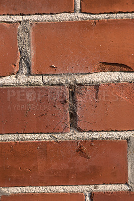 Buy stock photo Red, brick and closeup of cement for wall texture, concrete pattern and masonry in construction. Mortar, wallpaper and rough design with building material for exterior, detail or rustic background