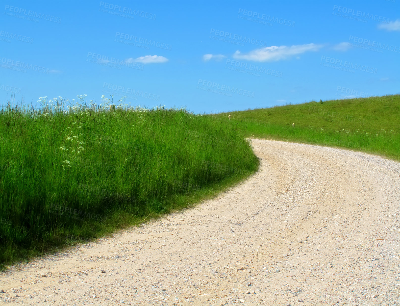 Buy stock photo Landscape, path and sky in countryside in nature, field and grass for ecology or sustainability on hill. Green, environment and outdoor for scenery in horizon with bush, peace and rural in Italy