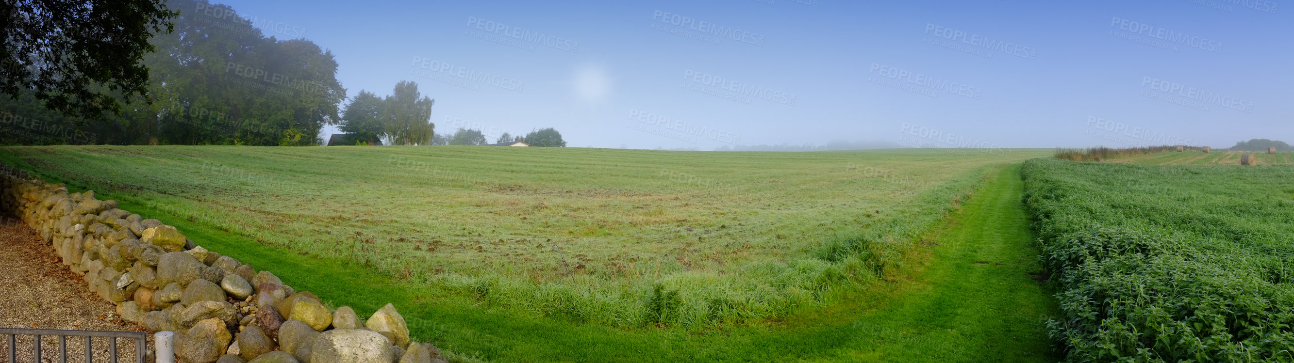 Buy stock photo Banner, landscape and nature for farming in field, blue sky and green for agriculture with sustainability, growth and eco. Meadow, Switzerland countryside and ecosystem, biodiversity and farmland