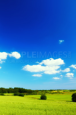 Buy stock photo Blue sky, landscape and farm with nature in field, travel or agriculture with sustainability, growth and eco friendly. Meadow, land or holiday in Switzerland with ecosystem, biodiversity and location