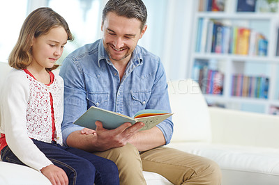 Buy stock photo Book, learning or reading with dad and daughter on sofa in living room together for bonding or study. Education, literature or storytelling with father and girl in apartment for development or growth