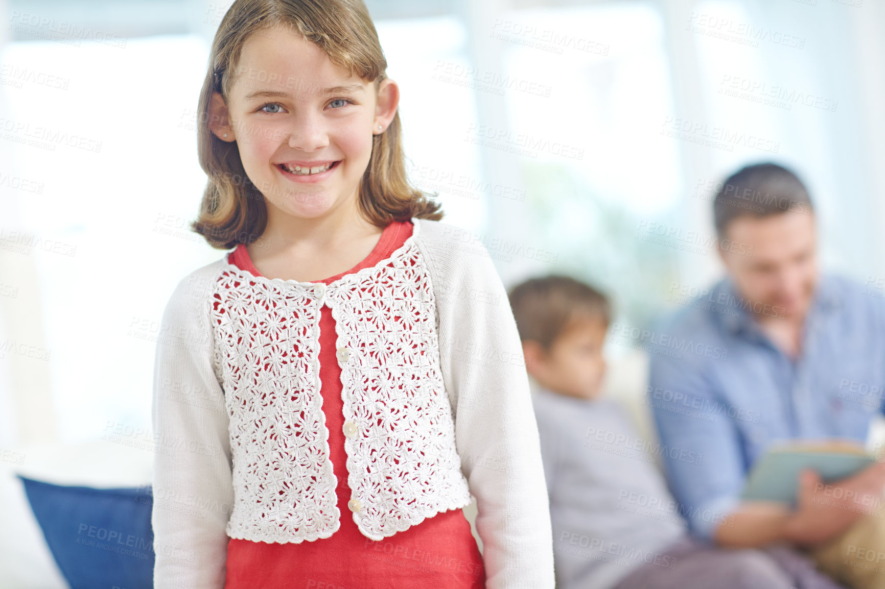 Buy stock photo Portrait, happy girl and child relax in home with father for care, bonding together and family on weekend. Kid, dad and parent in living room for love, support or development with siblings for growth