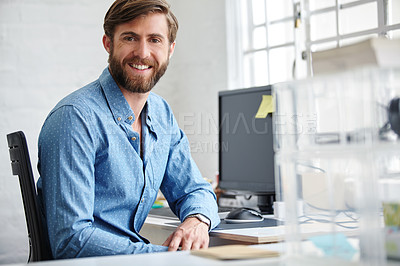 Buy stock photo Man, portrait and computer for employee administration in office, company website and digital filing. Male person, professional administrator and agenda for schedule management, email and planning