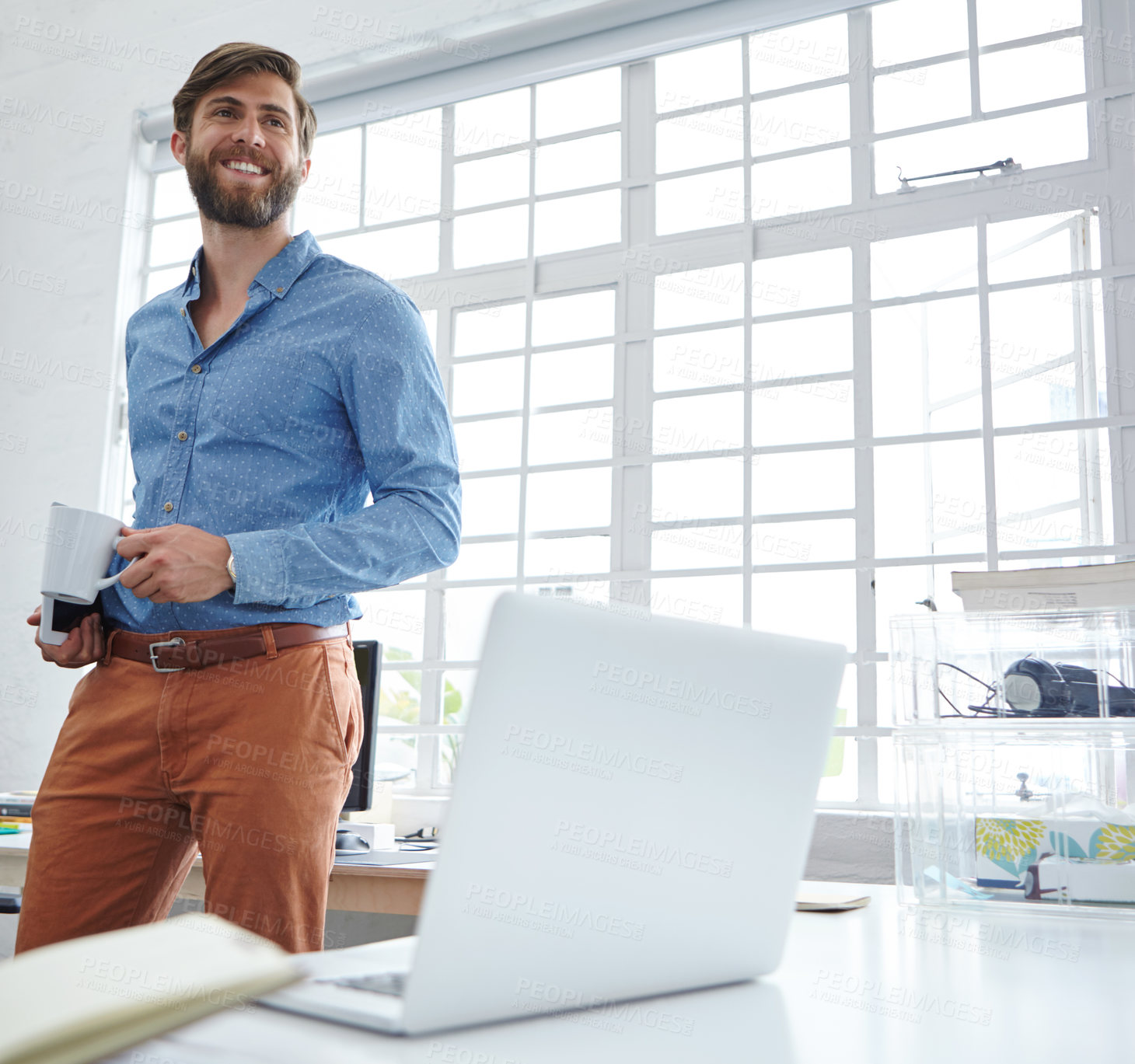 Buy stock photo Happy, business man and coffee with tablet in office for project management, planning and creative vision. Digital designer, employee and smile at work for email campaign inspiration and career pride