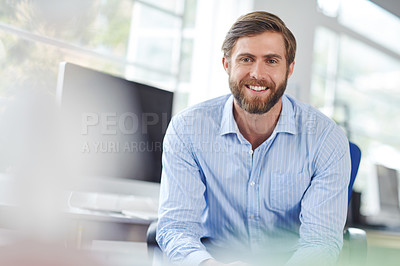 Buy stock photo Man, portrait and architect worker in office, project management and business ambition. Workplace, professional confidence and interior designer at architecture firm, creative and happy at agency