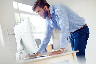 Buy stock photo Man, computer and project in office, online administration and company website for digital filing. Male person, professional administrator and agenda for schedule management, email and planning