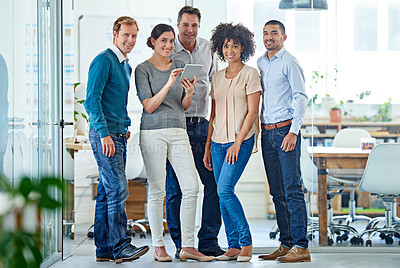 Buy stock photo Portrait of a diverse group of coworkers standing in an office