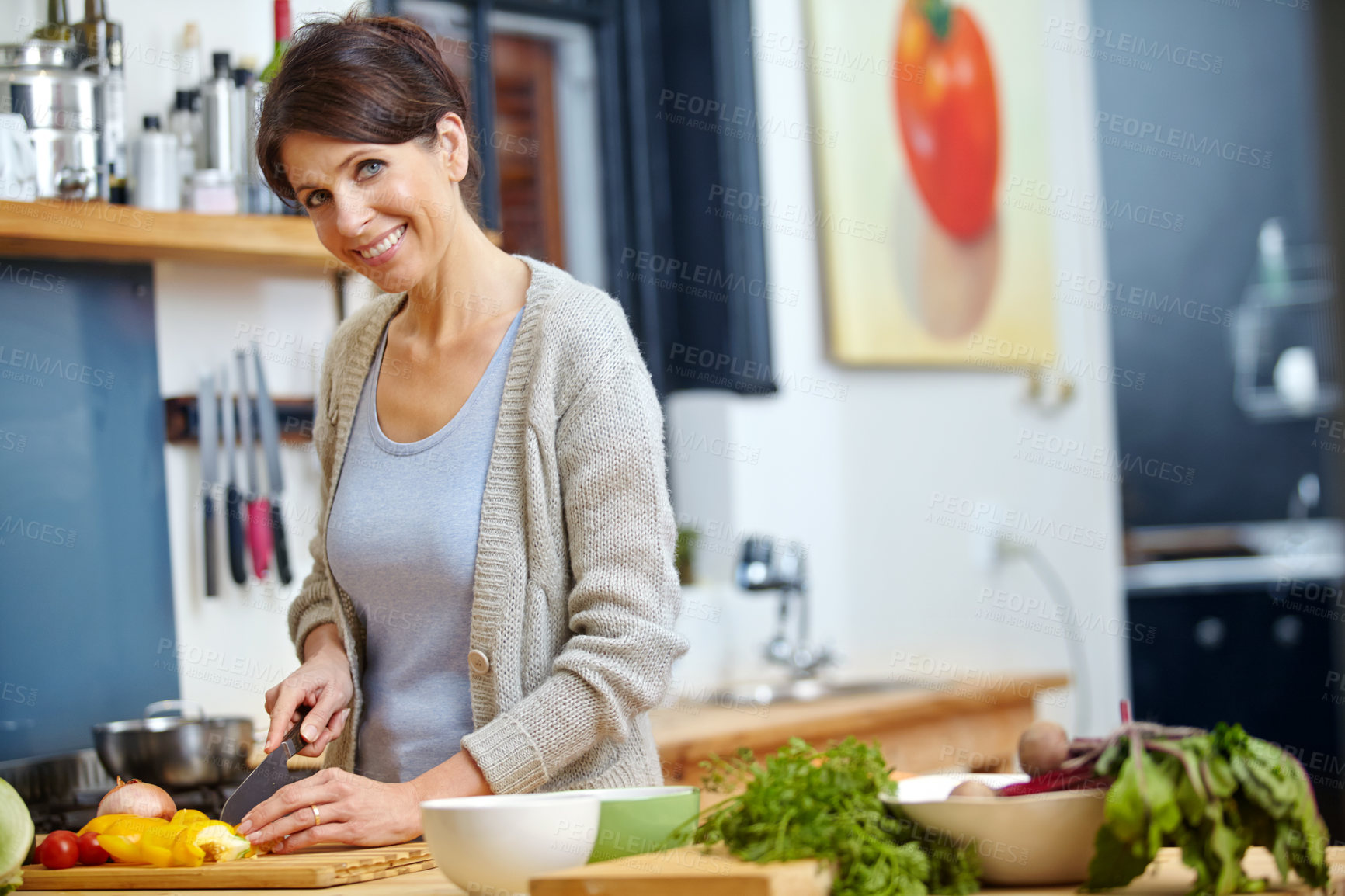 Buy stock photo Cooking portrait, woman and cutting ingredients in kitchen for meal prep, healthy supper or nutrition. Dinner, person or happy with fresh vegetables in home for lunch recipe, culinary skills and food