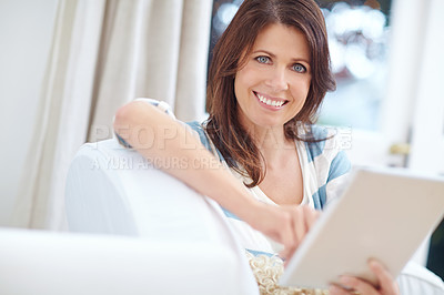 Buy stock photo Portrait, woman and relax with tablet on sofa for home budget, online banking and financial management. Person, smile and internet in house for credit score, report review or monitor digital finance