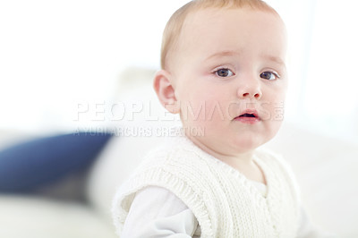 Buy stock photo Portrait of a cute baby boy sitting indoors