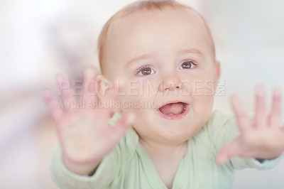 Buy stock photo An adorable little boy pressing against a glass window