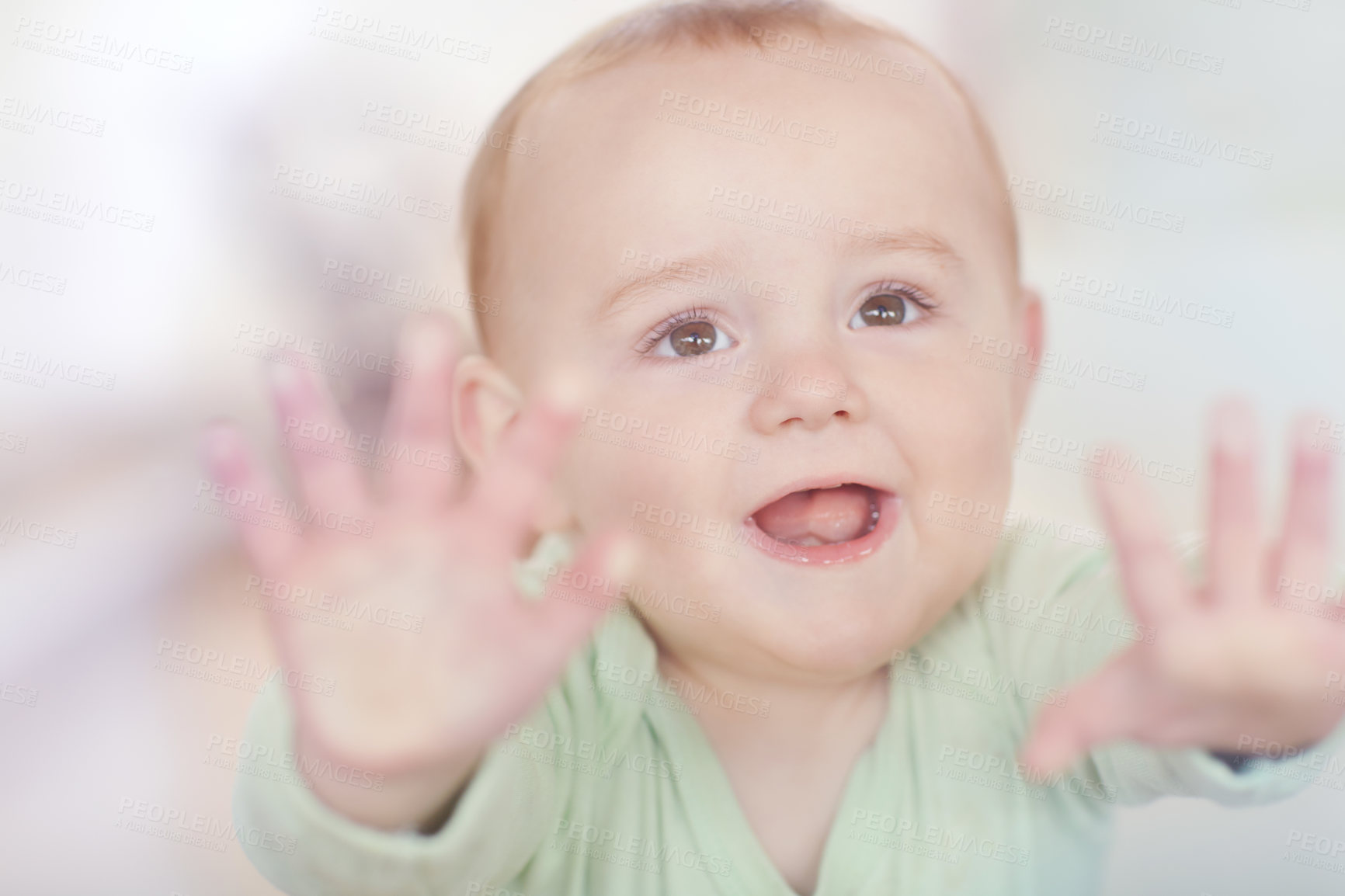 Buy stock photo An adorable little boy pressing against a glass window