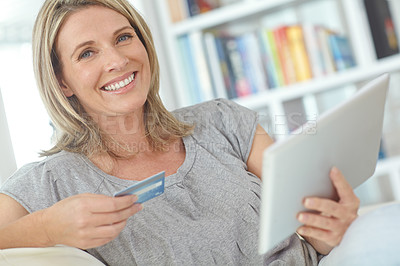 Buy stock photo Online shopping portrait, tablet or happy woman with credit card for digital bank payment, fintech or finance sale. Website store, e commerce gift card or customer search for ecommerce retail product