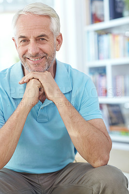 Buy stock photo Home, relax and portrait of senior man with smile enjoying retirement, holiday and calm on weekend. Happy lifestyle, smile and elderly male with positive mindset, peace and content in living room