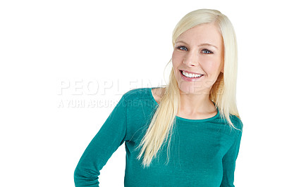 Buy stock photo Portrait of a beautiful blonde woman in casualwear standing against a white background